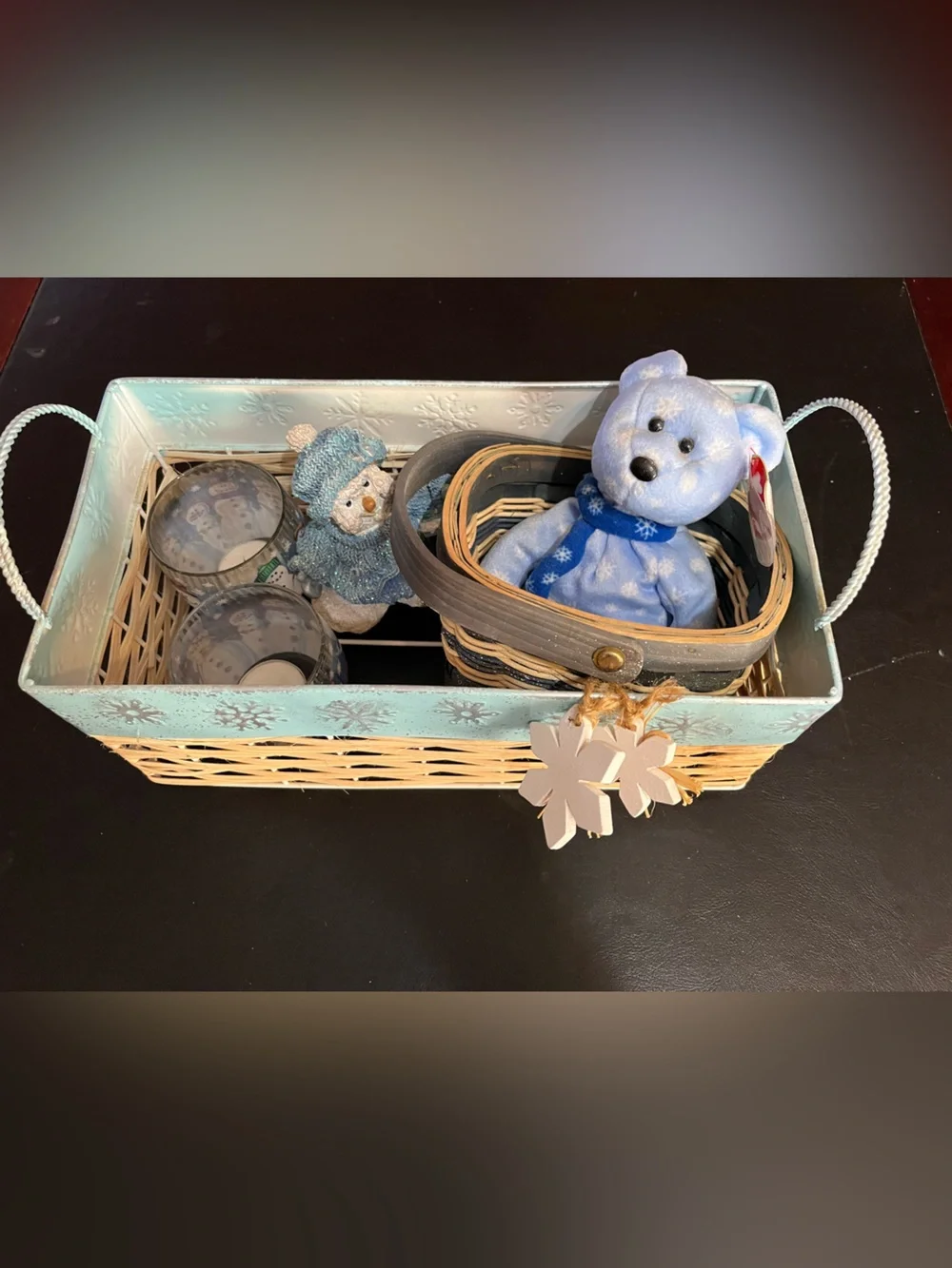 Lot of Blue Snowflake Decor with Plush Bear - Seasonal Home Decor